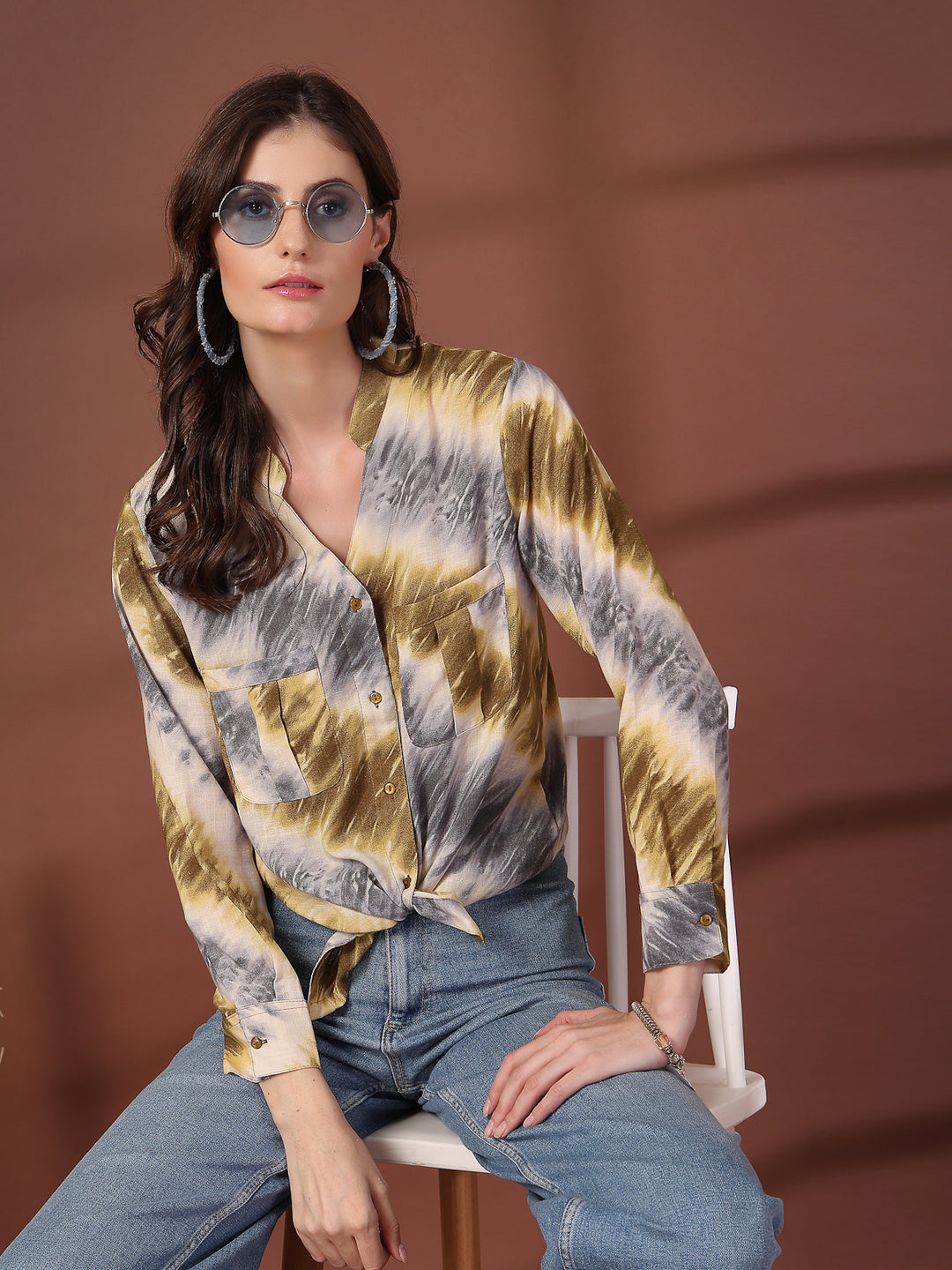 Print Mandarin Collar Puff Sleeve Cotton Top