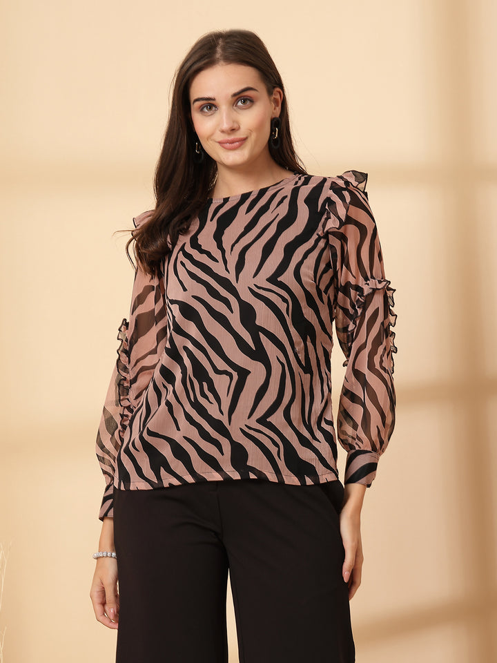 Animal Print Round Neck Ruffles Regular Top