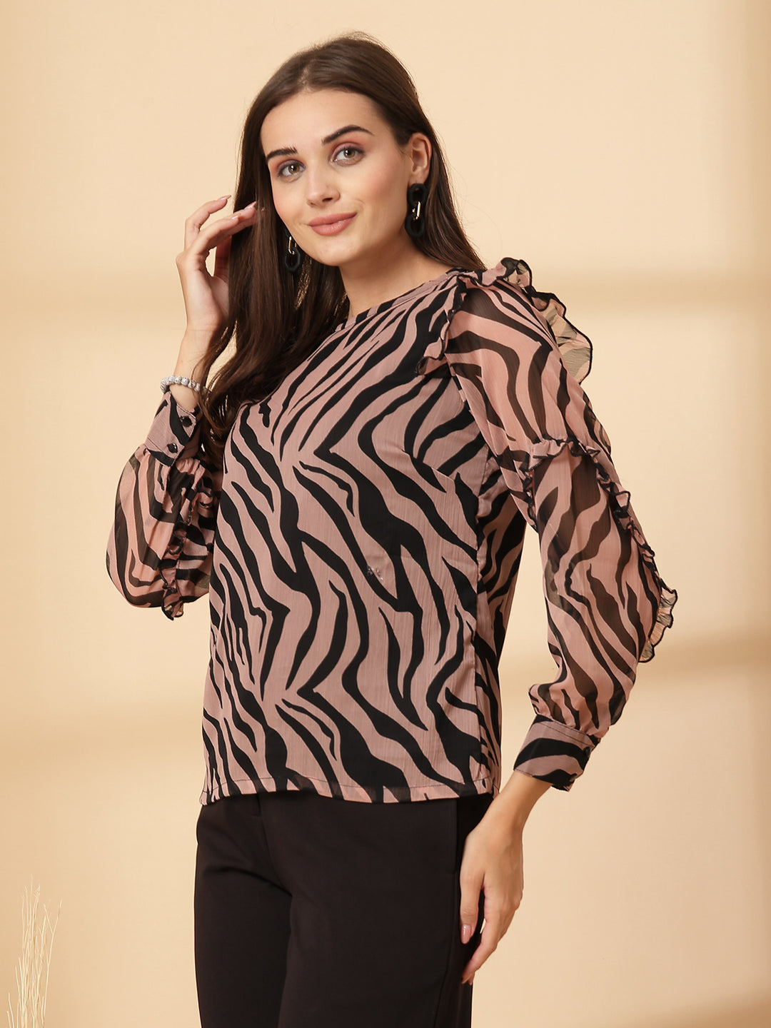 Animal Print Round Neck Ruffles Regular Top