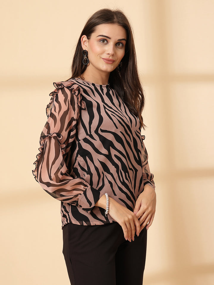 Animal Print Round Neck Ruffles Regular Top