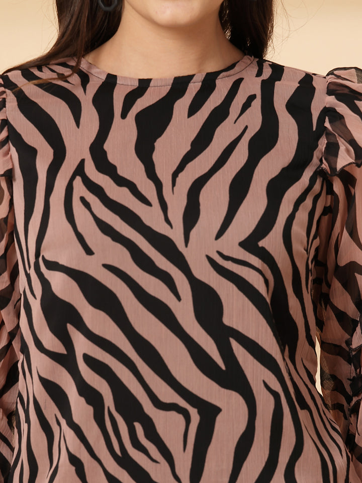 Animal Print Round Neck Ruffles Regular Top