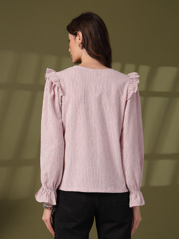 Striped Puff Sleeve Ruffles Top