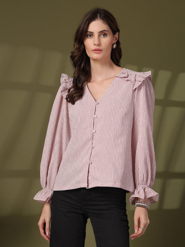 Striped Puff Sleeve Ruffles Top