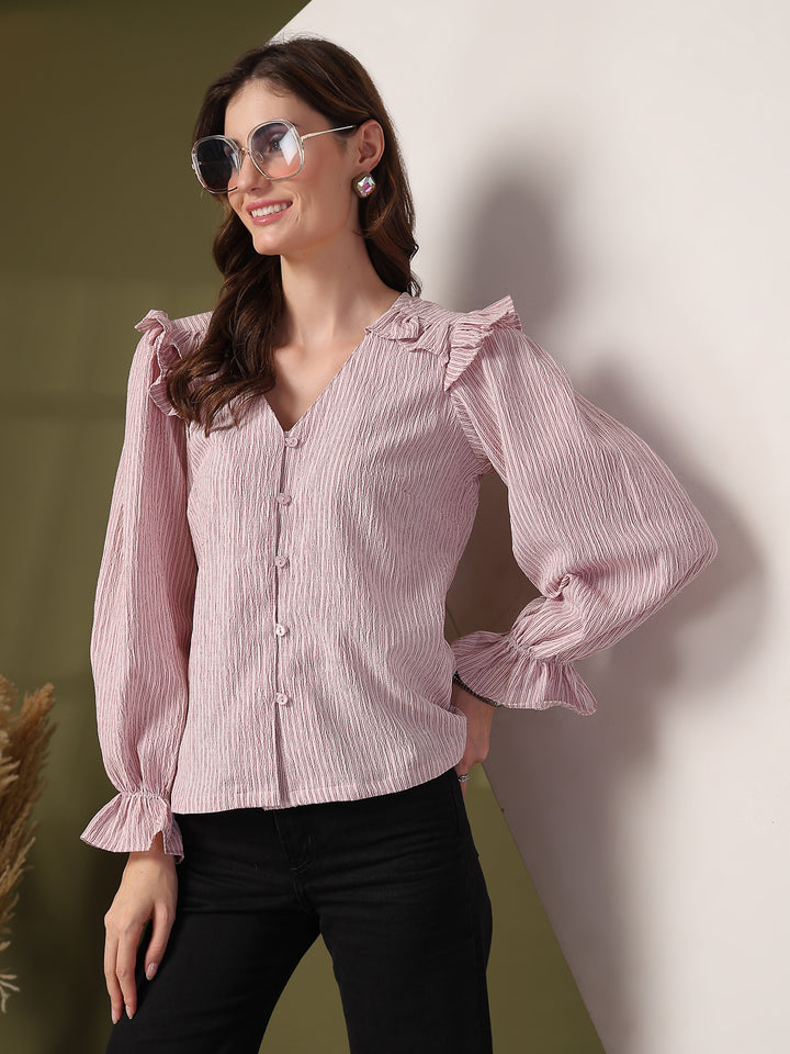 Striped Puff Sleeve Ruffles Top