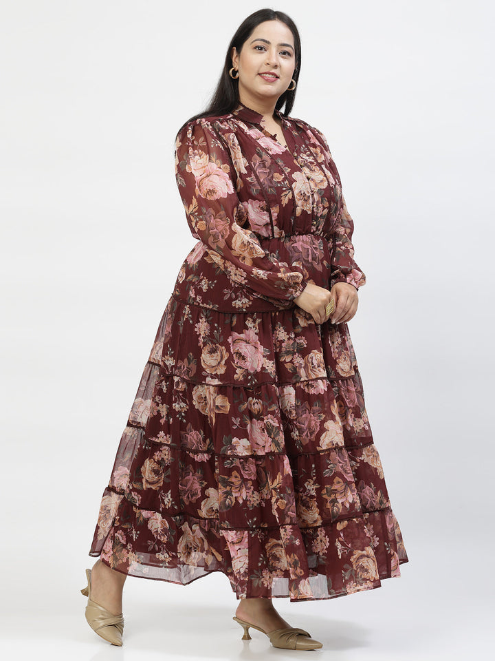 Floral Printed Puff Sleeve Plus Size Fit And Flare Maxi Dress