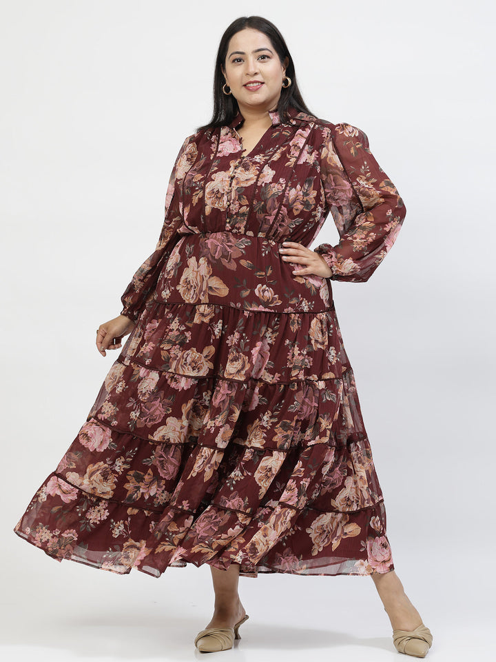 Floral Printed Puff Sleeve Plus Size Fit And Flare Maxi Dress