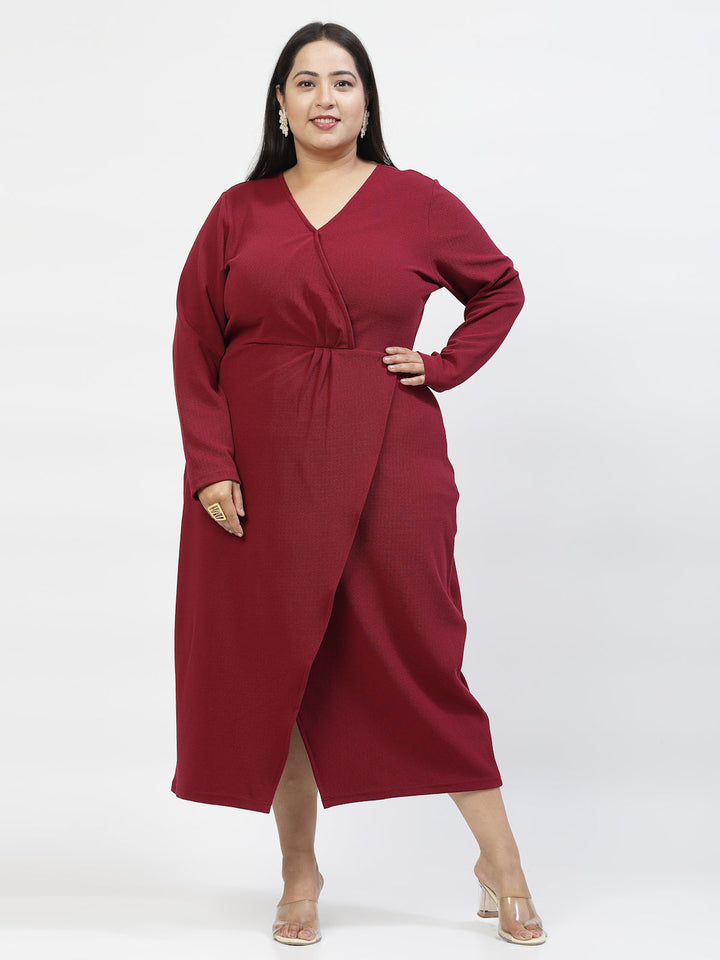 V Neck Plus Size Wrap Midi Dress