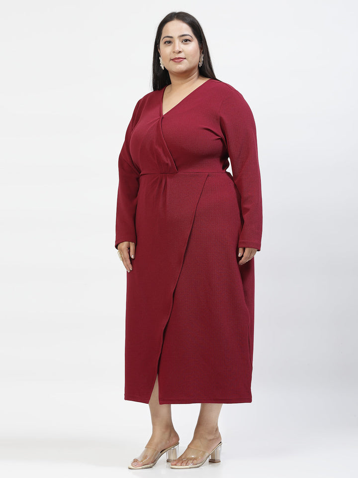 V Neck Plus Size Wrap Midi Dress