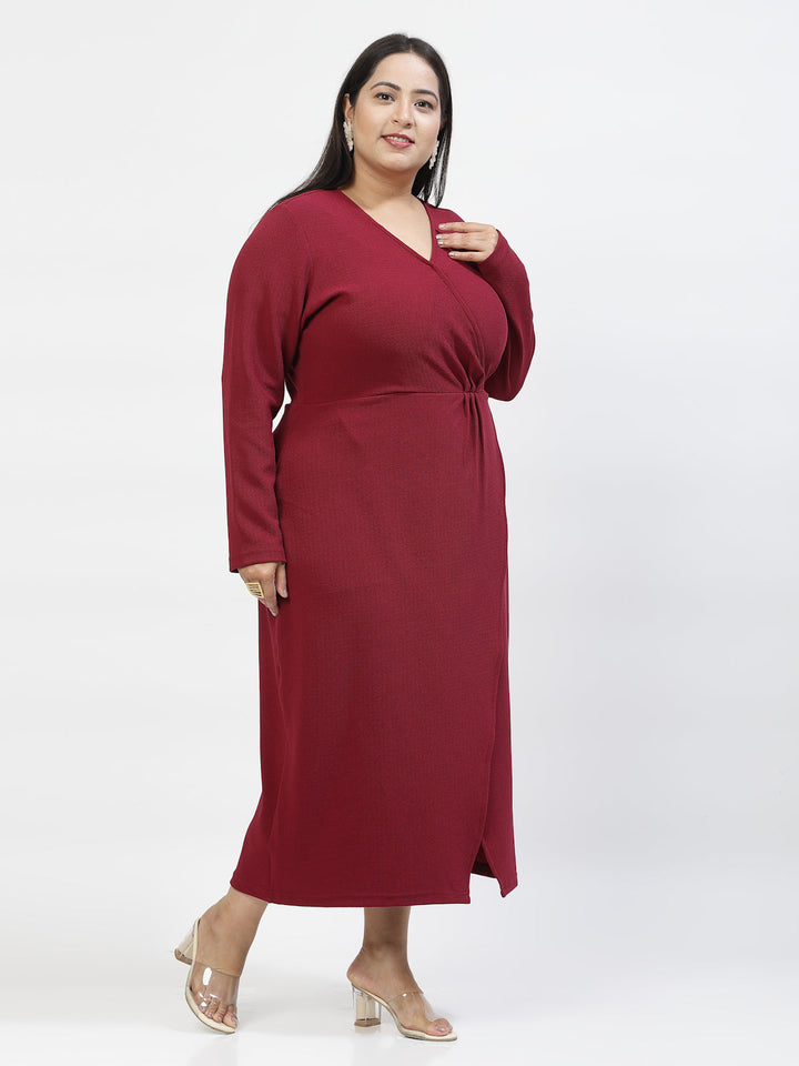 V Neck Plus Size Wrap Midi Dress