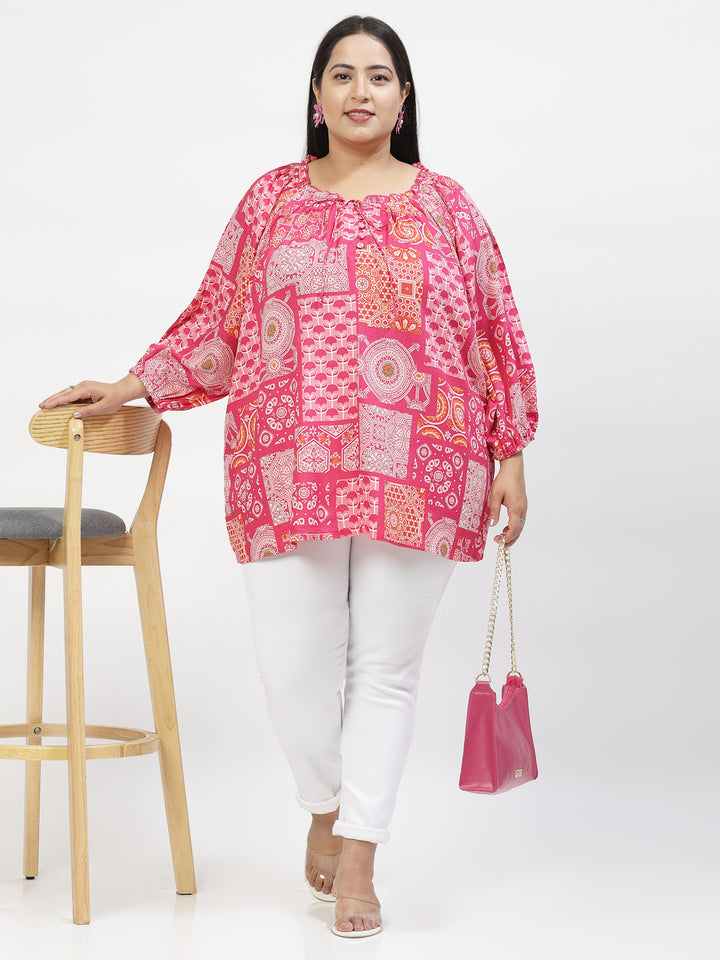 Plus Size Floral Print Tie-Up Neck Top