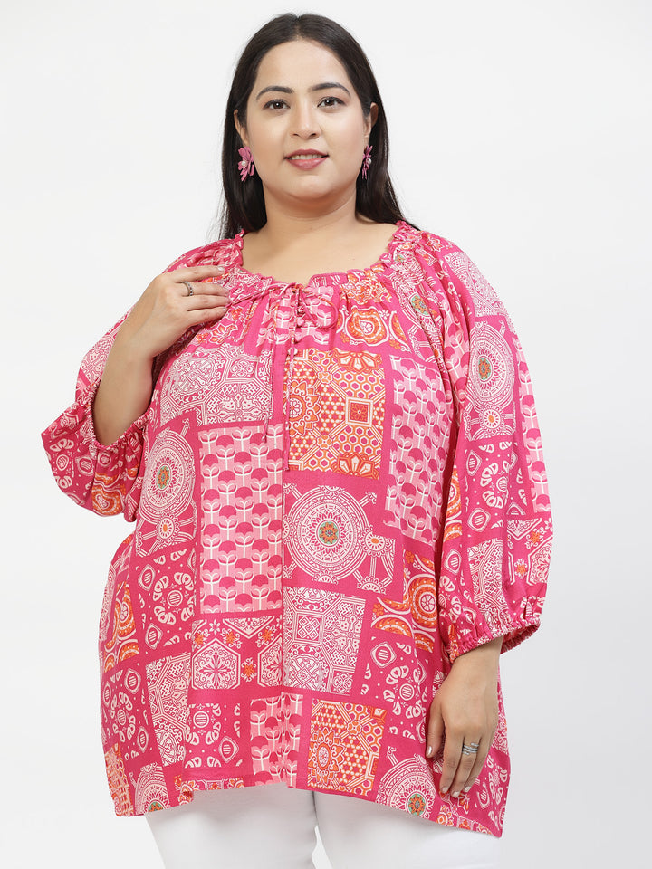 Plus Size Floral Print Tie-Up Neck Top