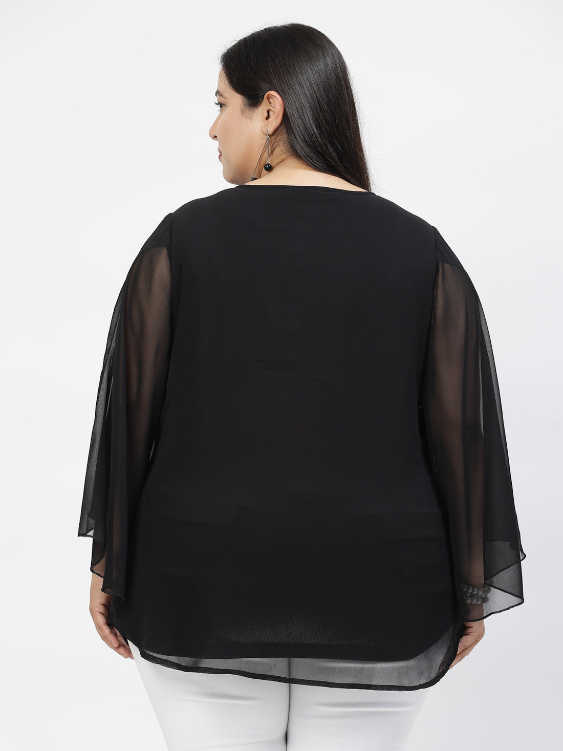 Black Plus Size Mandarin Collar Long Sleeves Longline Tops