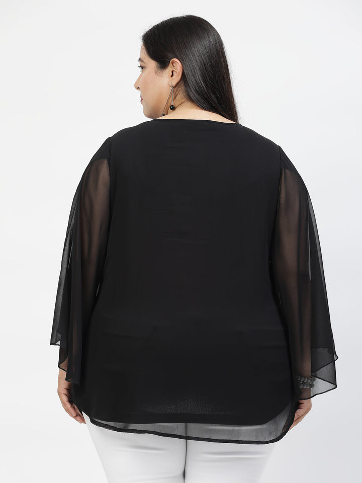 Black Plus Size Mandarin Collar Long Sleeves Longline Tops