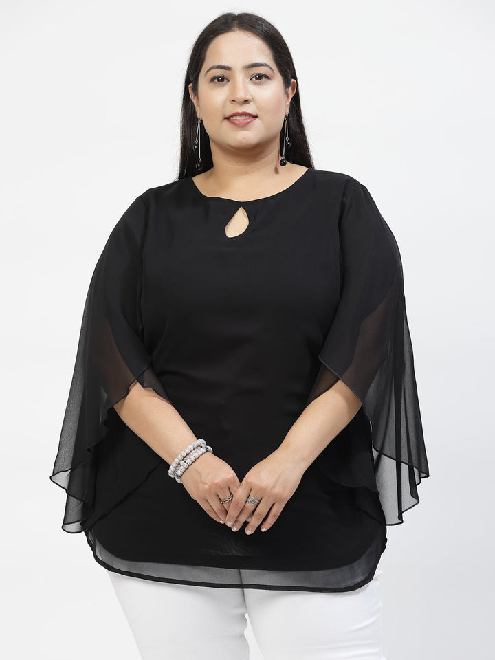 Black Plus Size Mandarin Collar Long Sleeves Longline Tops