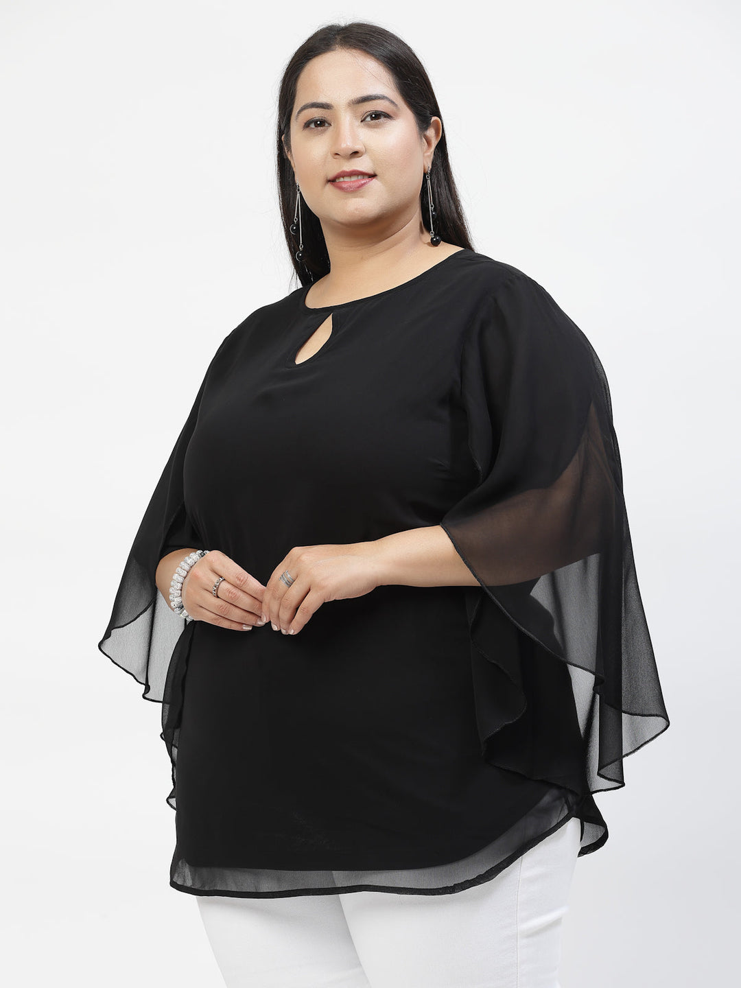 Black Plus Size Mandarin Collar Long Sleeves Longline Tops