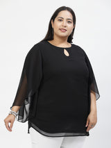 Black Plus Size Mandarin Collar Long Sleeves Longline Tops