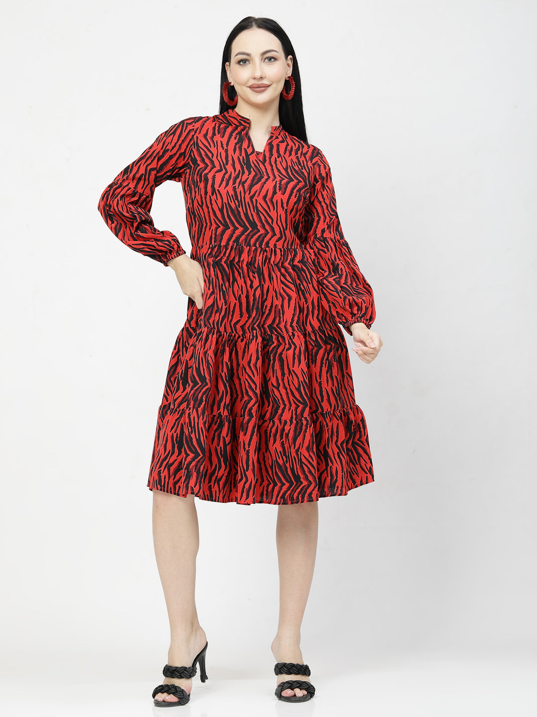 Print Puff Sleeve Fit & Flare Dress