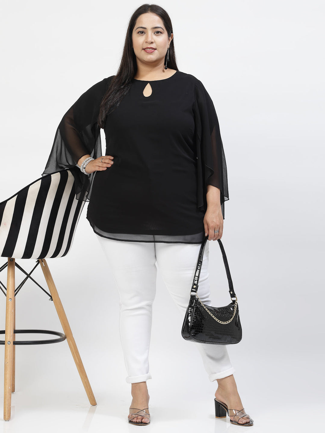 Black Plus Size Mandarin Collar Long Sleeves Longline Tops