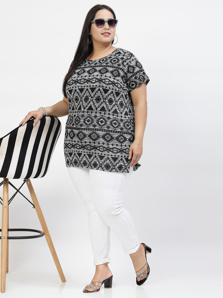 Plus Size Black Abstract Printed Cotton T-shirt