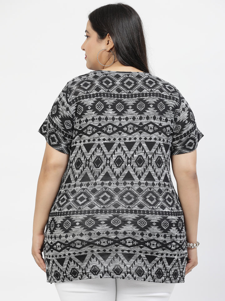 Plus Size Black Abstract Printed Cotton T-shirt