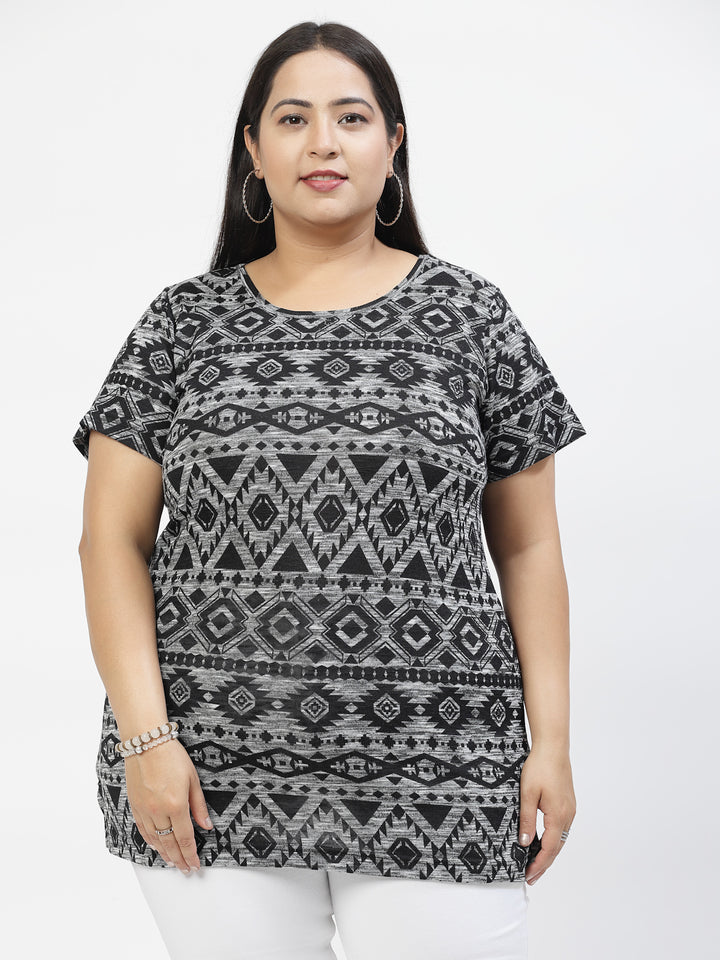 Plus Size Black Abstract Printed Cotton T-shirt