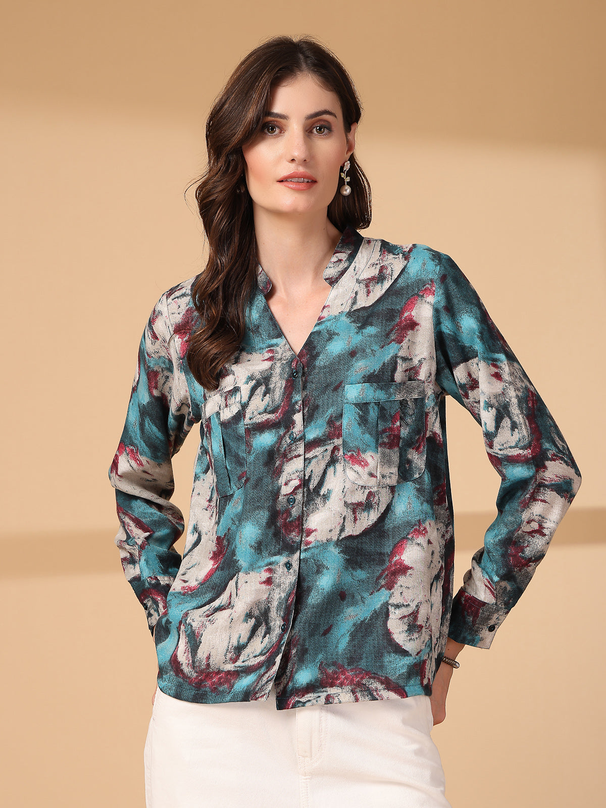 Print Mandarin Collar Puff Sleeve Cotton Top