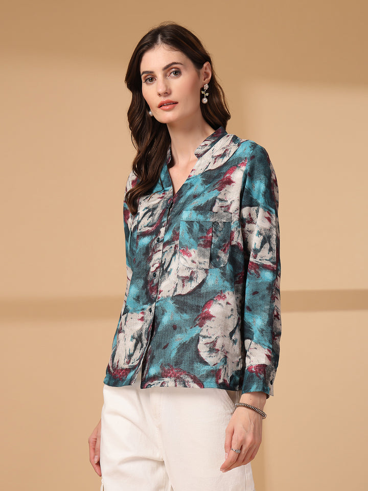 Print Mandarin Collar Puff Sleeve Cotton Top