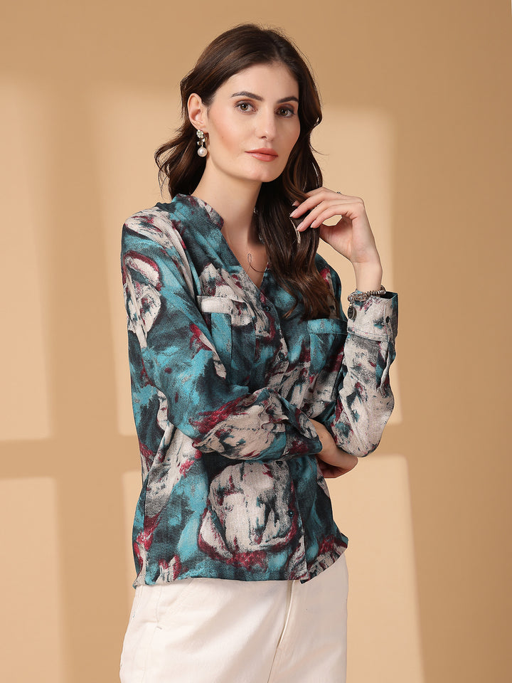 Print Mandarin Collar Puff Sleeve Cotton Top