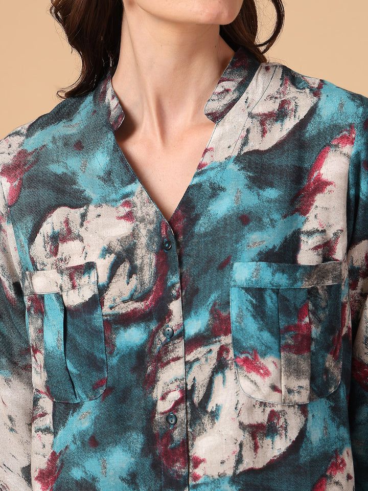 Print Mandarin Collar Puff Sleeve Cotton Top