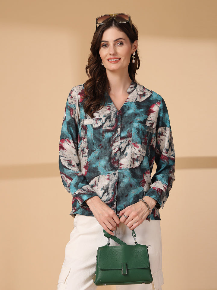 Print Mandarin Collar Puff Sleeve Cotton Top