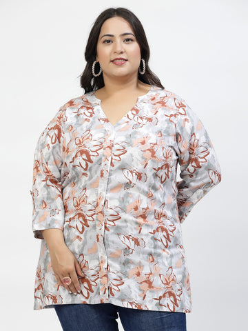 Plus Size Floral Print Roll-Up Sleeves Longline Top