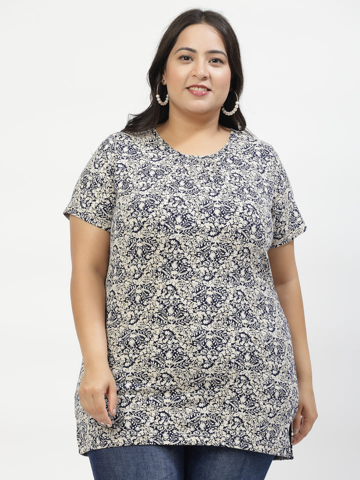 Plus Size Black Floral Printed Cotton T-shirt