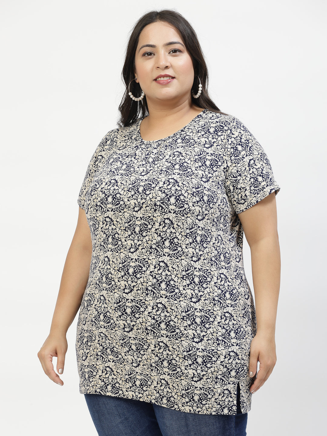 Plus Size Black Floral Printed Cotton T-shirt