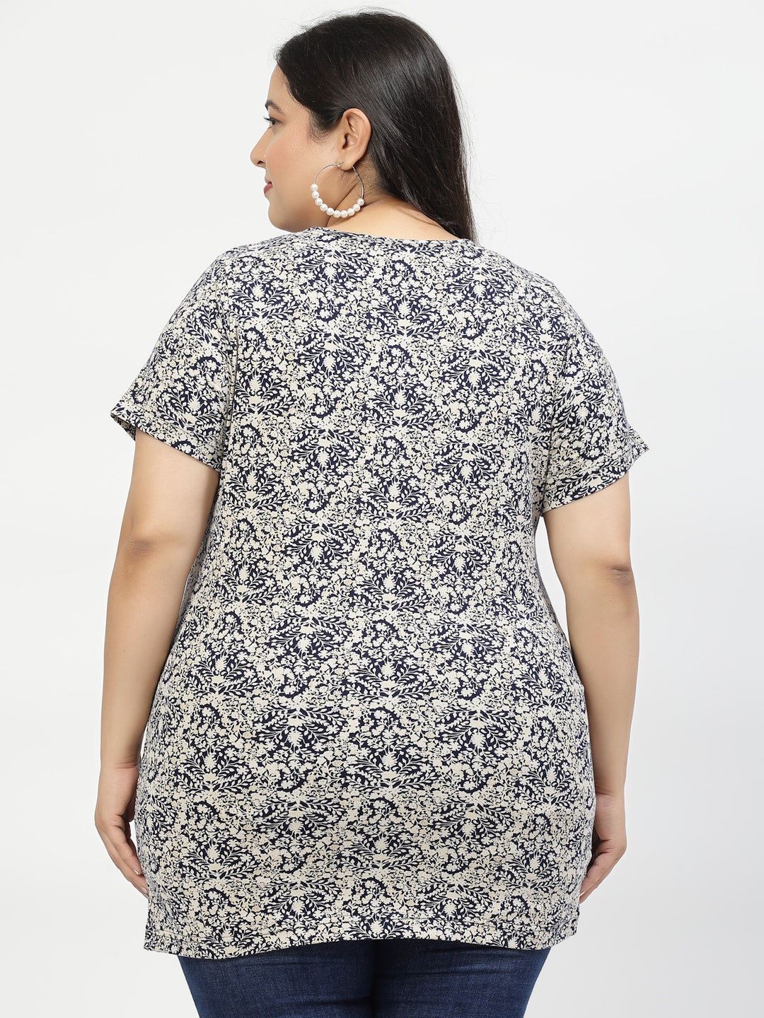 Plus Size Black Floral Printed Cotton T-shirt