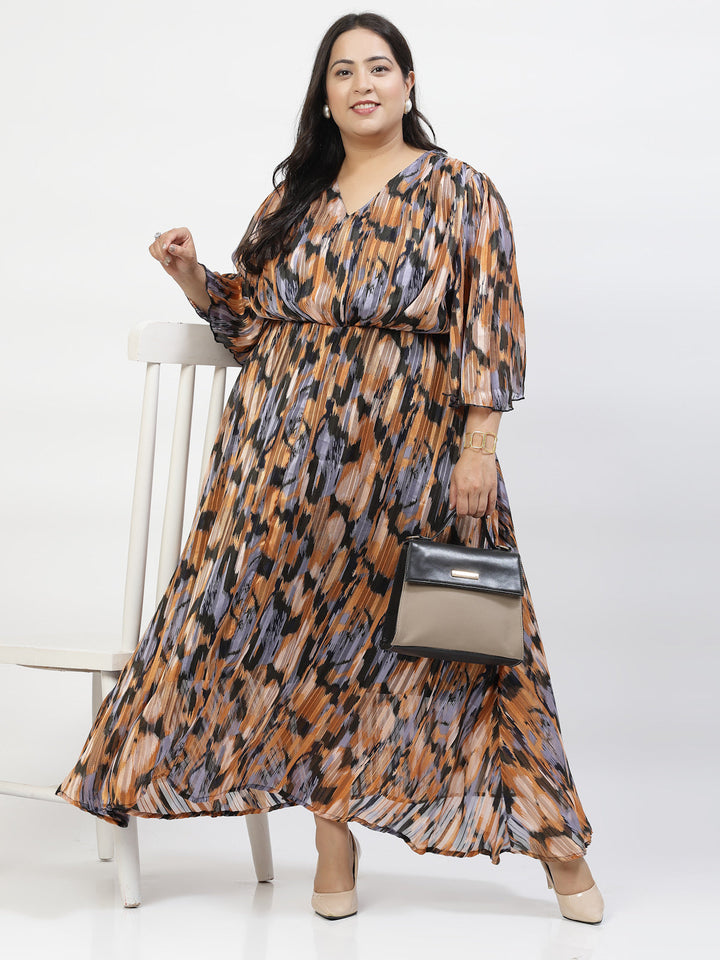 Black Plus Size Abstract Print Flared Sleeve Fit & Flare Maxi Dress