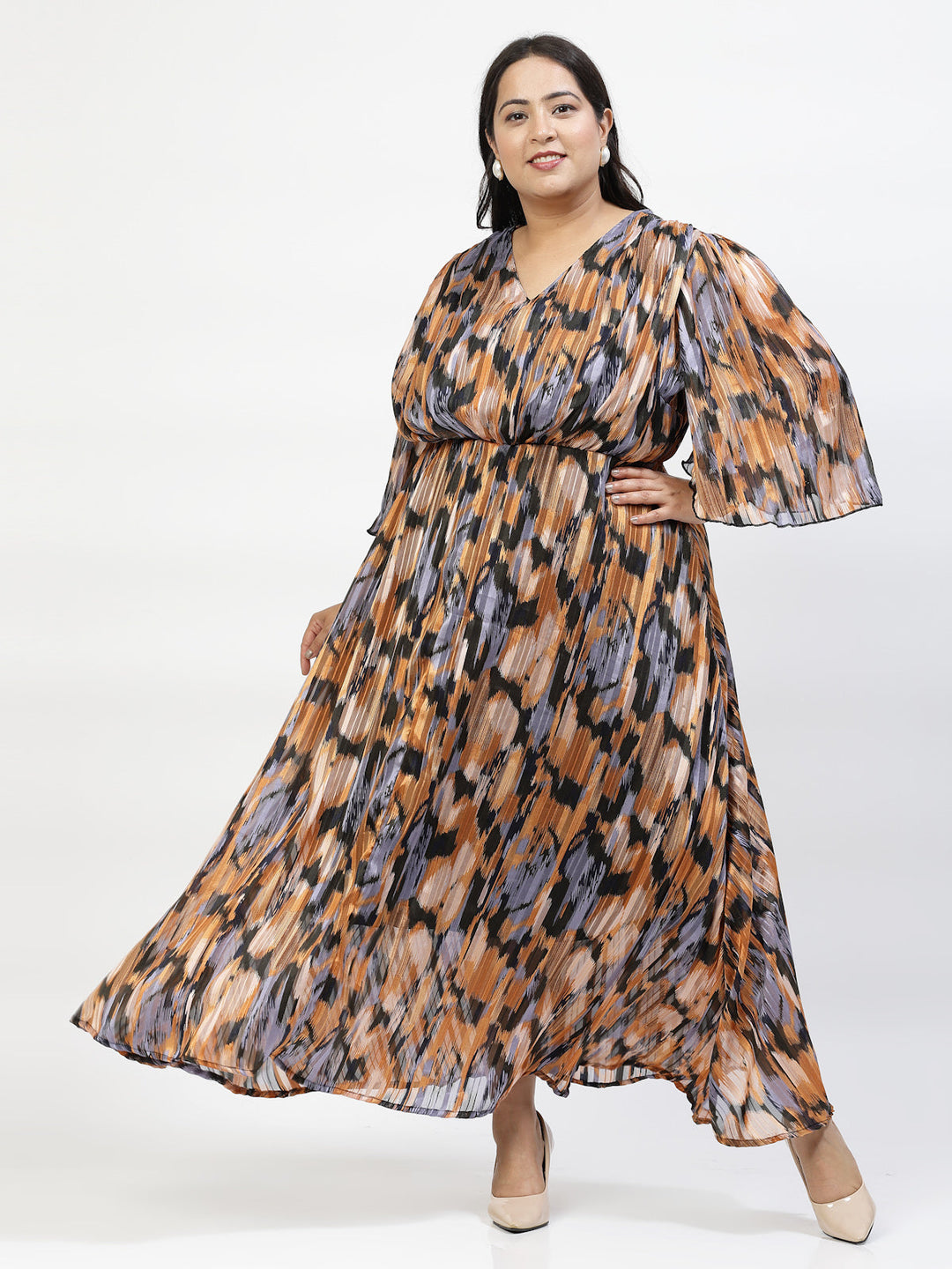 Black Plus Size Abstract Print Flared Sleeve Fit & Flare Maxi Dress