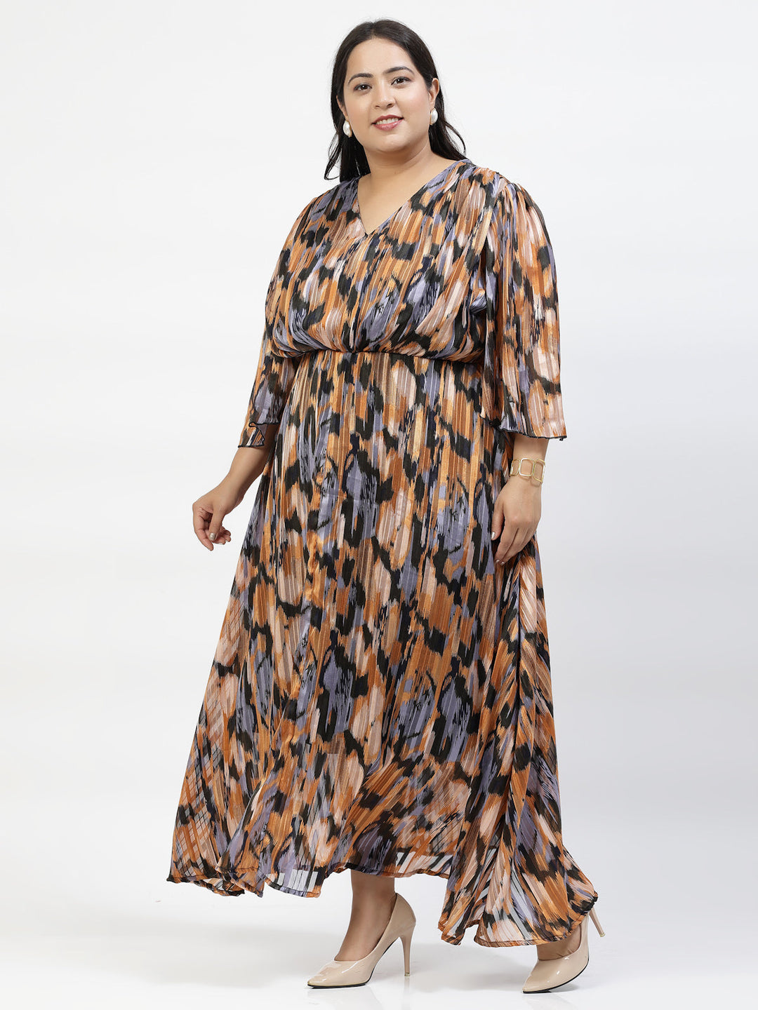 Black Plus Size Abstract Print Flared Sleeve Fit & Flare Maxi Dress