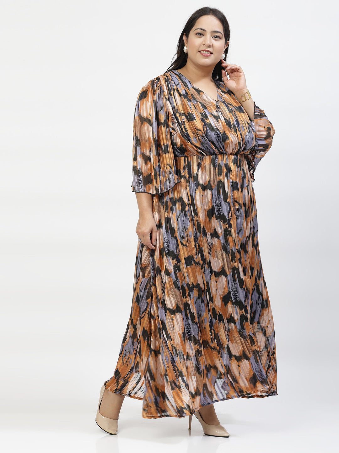 Black Plus Size Abstract Print Flared Sleeve Fit & Flare Maxi Dress