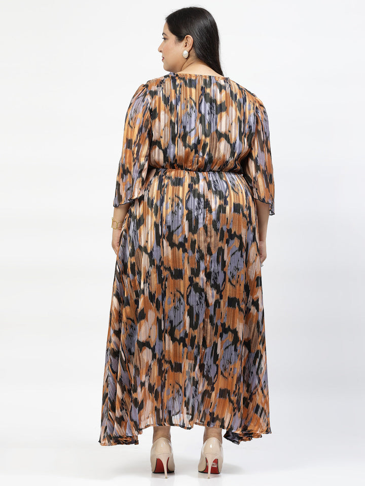 Black Plus Size Abstract Print Flared Sleeve Fit & Flare Maxi Dress