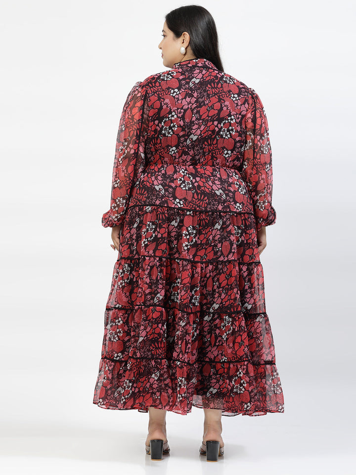 Red V Neck Puff Sleeves Floral Printed Maxi Dress