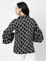 Black Spread Collar Animal Printed Casual Shirt