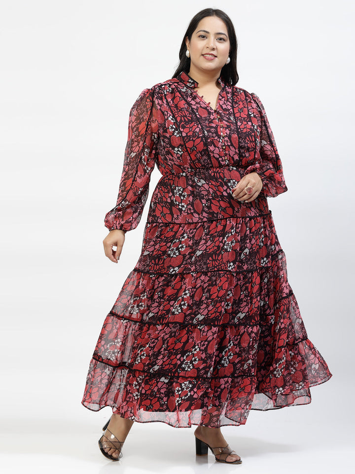 Red V Neck Puff Sleeves Floral Printed Maxi Dress