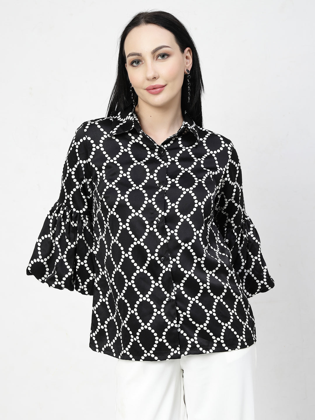 Black Spread Collar Animal Printed Casual Shirt