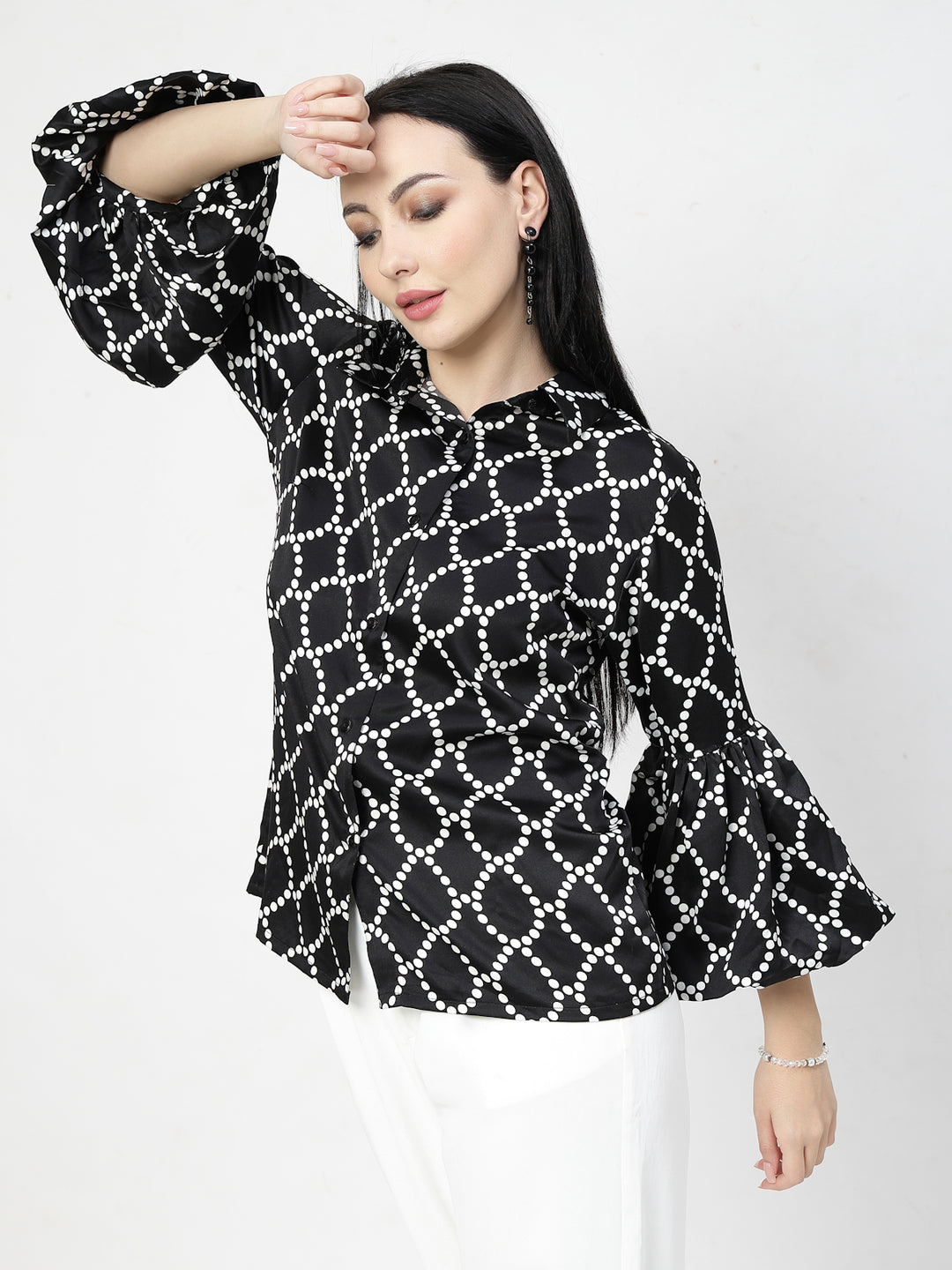 Black Spread Collar Animal Printed Casual Shirt