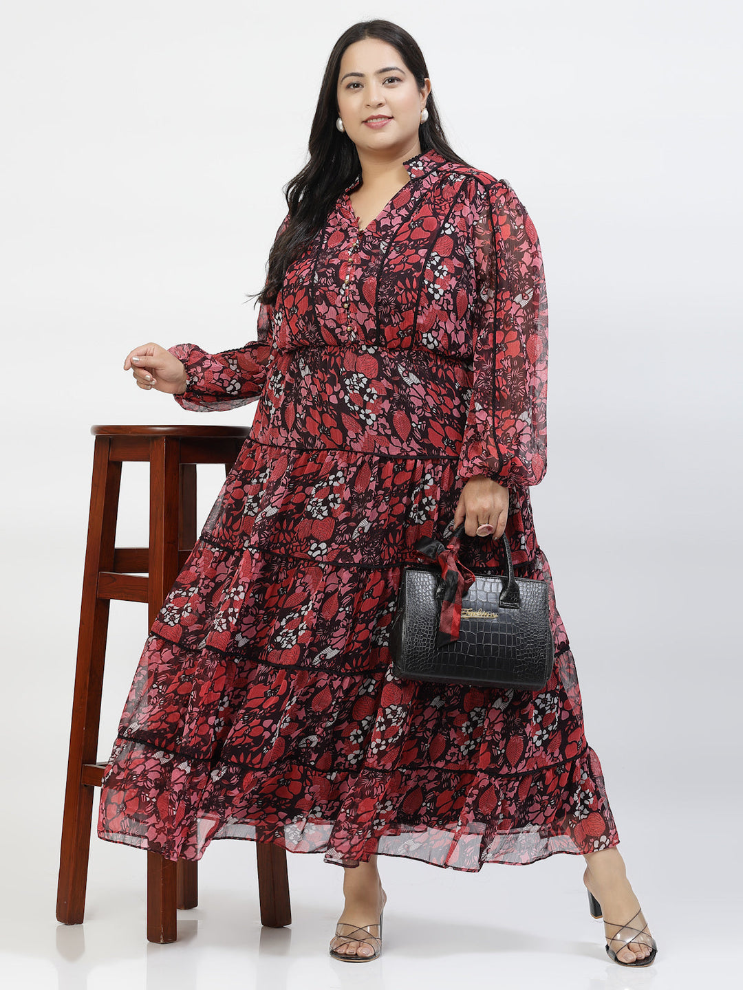 Red V Neck Puff Sleeves Floral Printed Maxi Dress