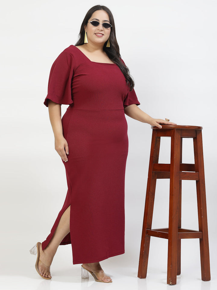 Burgundy Square Neck Flared Sleeve Maxi Dress