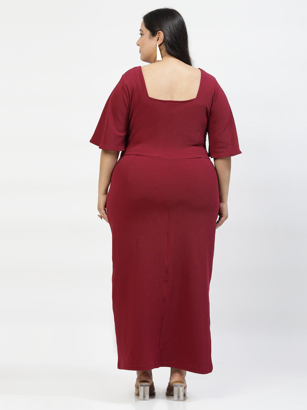 Burgundy Square Neck Flared Sleeve Maxi Dress