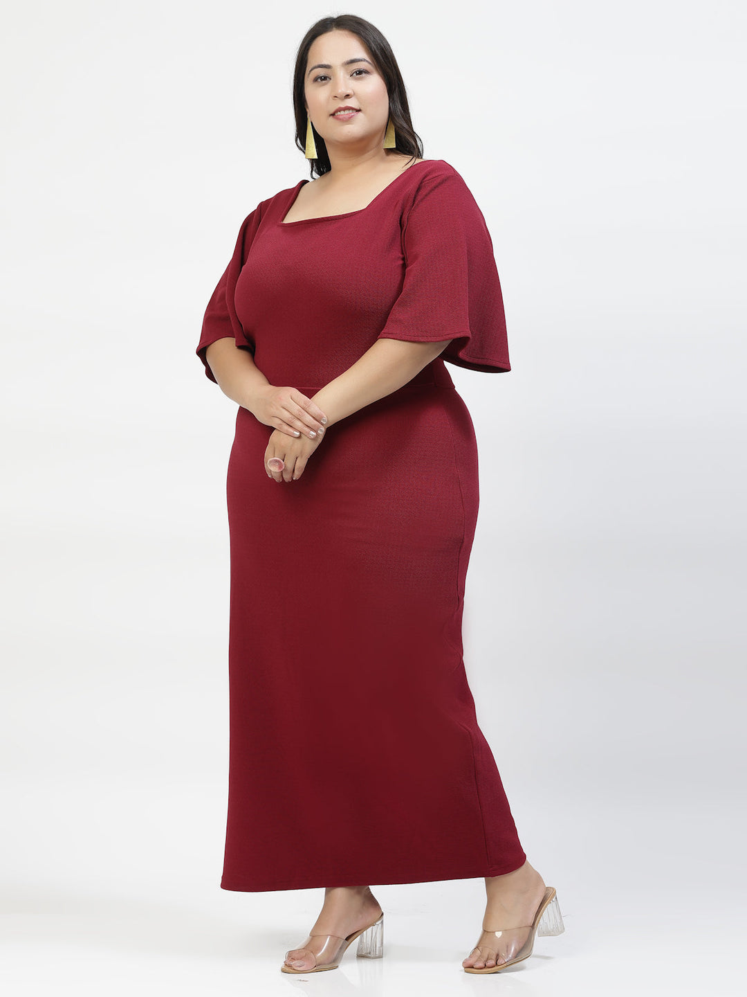 Burgundy Square Neck Flared Sleeve Maxi Dress