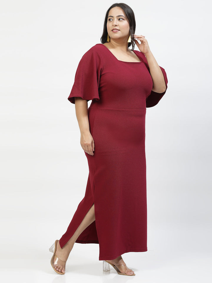 Burgundy Square Neck Flared Sleeve Maxi Dress