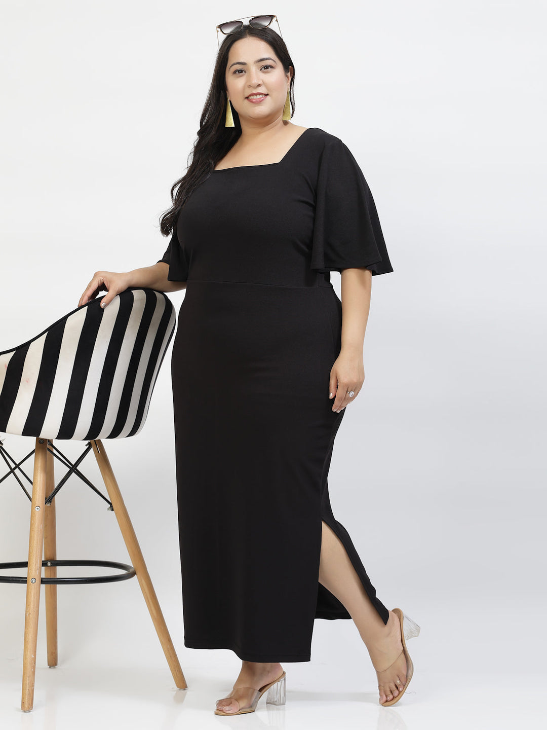 Flared Sleeve Plus Size Sheath Maxi Dress